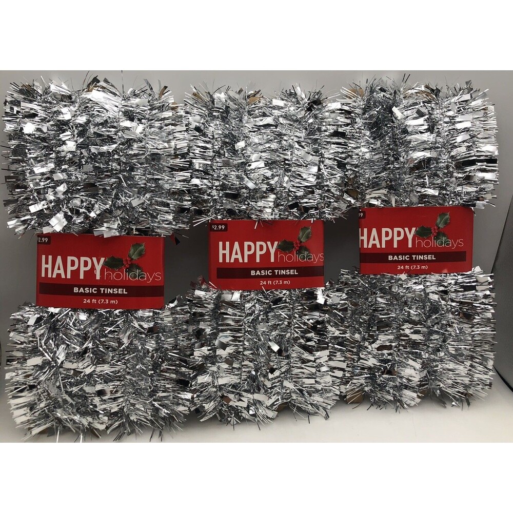 Happy holidays, Silver￼ Christmas Basic Tinsel Garland 72 Ft